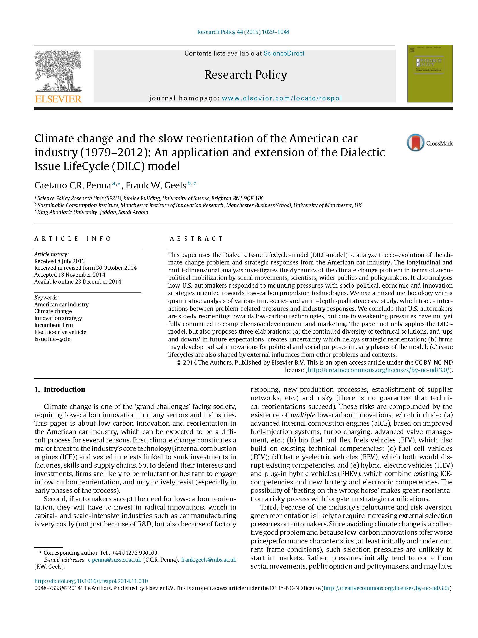 Climate Change and the Slow Reorientation of the American Car Industry (1979–2012): An Application and Extension of the Dialectic Issue LifeCycle (DILC) Model