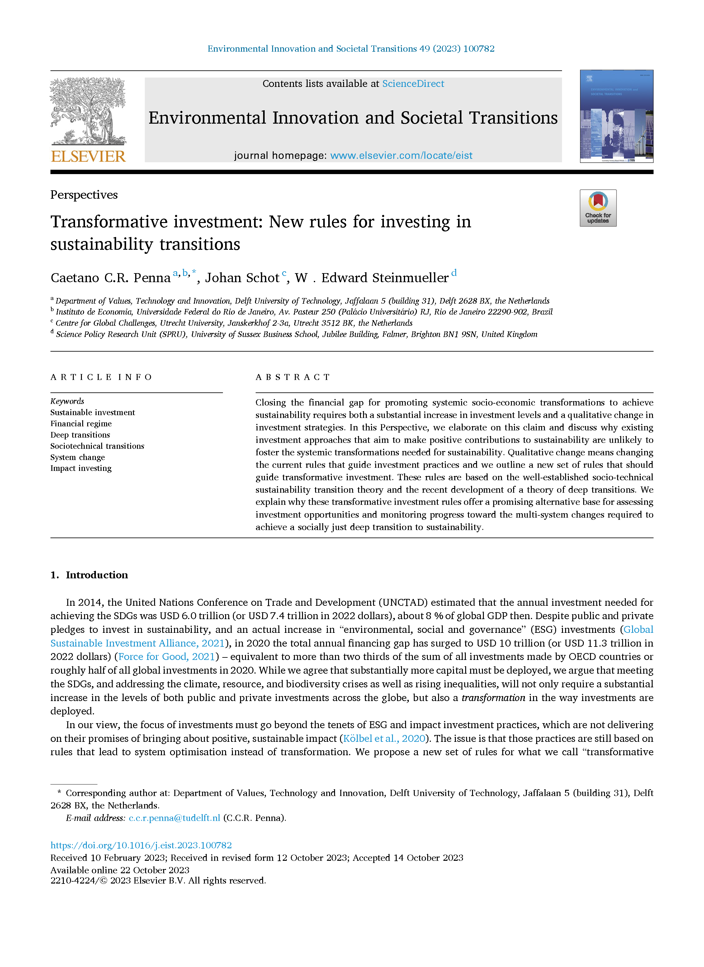 Transformative Investment: New Rules for Investing in Sustainability Transitions